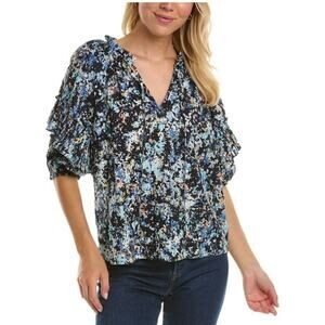 Ramy Brook | Eugenia Blouse Top Pleated Puff Sleeves Floral Blue Small